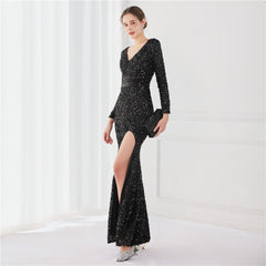 Elegant Long Sleeve Sequined Fishtail Evening Dress