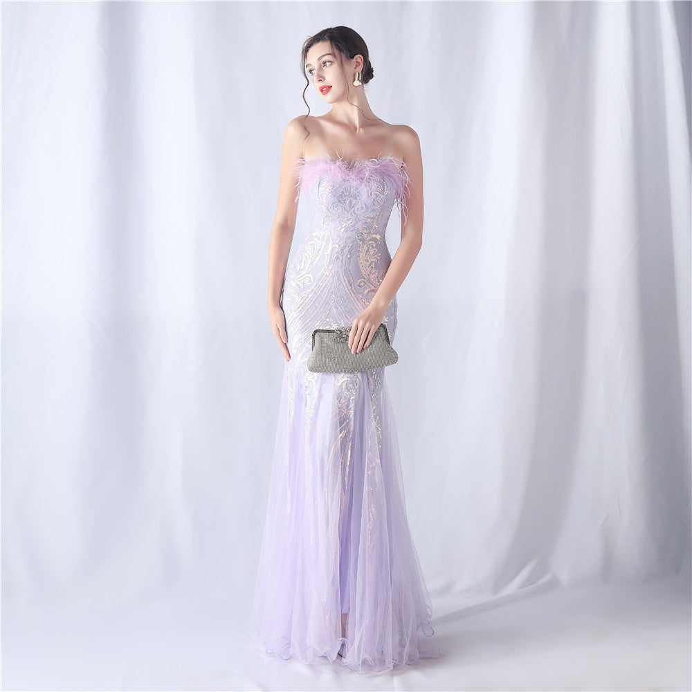 Ostrich Feather Floral Cutting Wedding Tube Top Sequin Gauze Evening Dress