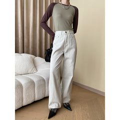 Contrast Color Mid Gray Straight Wide Leg Mop Jeans