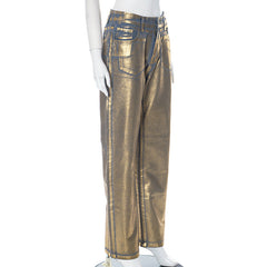 Metallic Coated Fabric Street Bronzing Pocket Straight Denim Pants