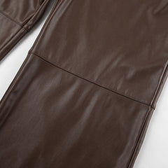 Brown High Waist Casual Leather Straight Leg Pants