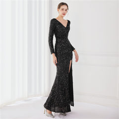 Elegant Long Sleeve Sequined Fishtail Evening Dress
