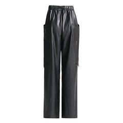 Women Casual Tooling Wide Leg Faux Leather Pants