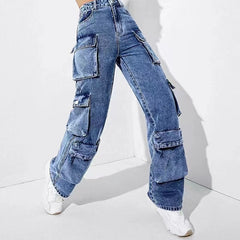 High Waist Flap Pocket Loose Fit Jeans