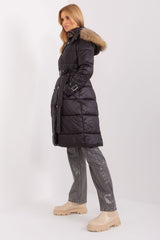 Winter quilted black jacket with hood with fur