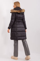 Winter quilted black jacket with hood with fur