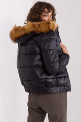 Black quilted jacket with hood with fur