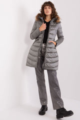 Gray quilted jacket with fur-lined hood
