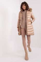 Beige quilted jacket with fur-lined hood