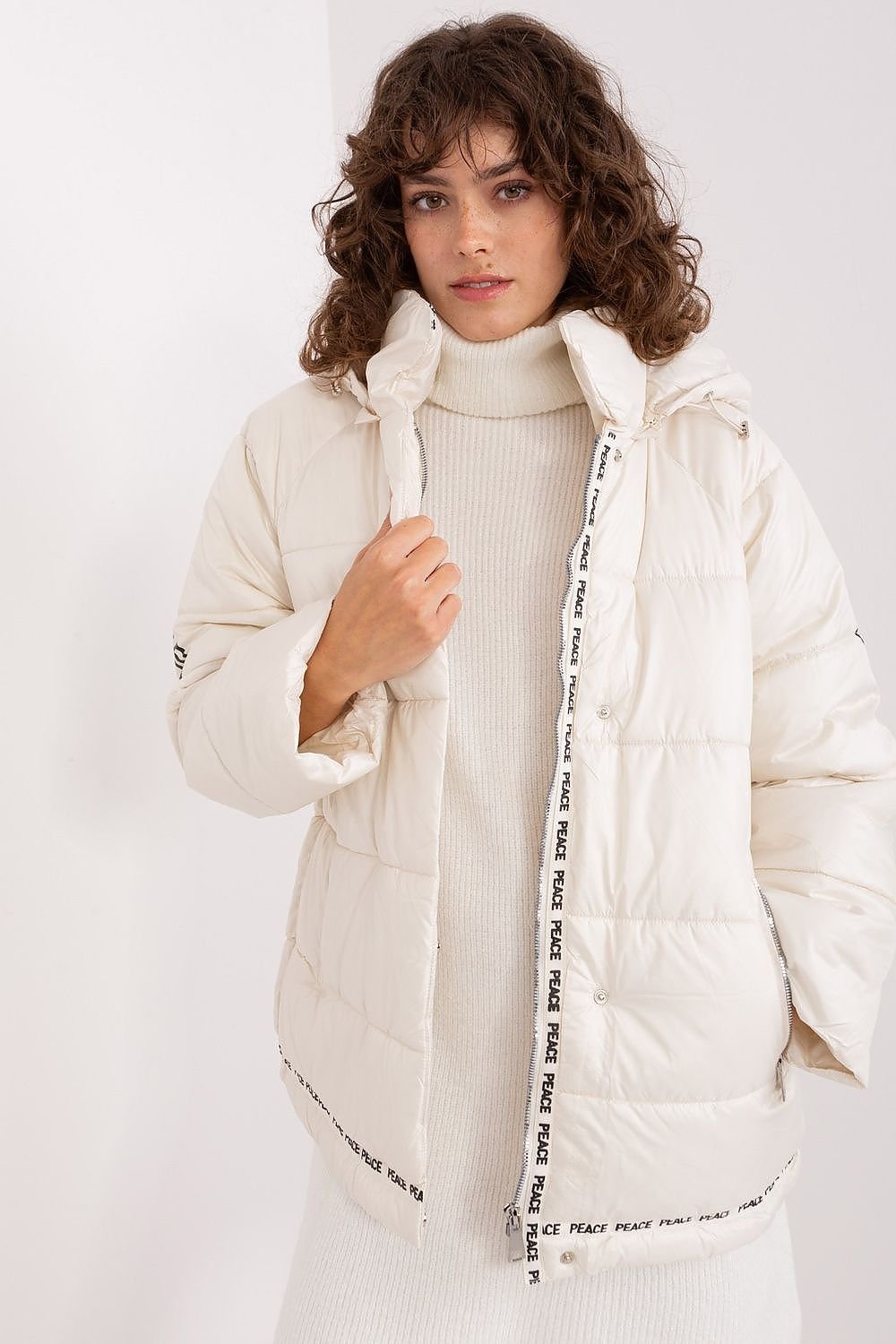 Beige quilted jacket with a detachable hood