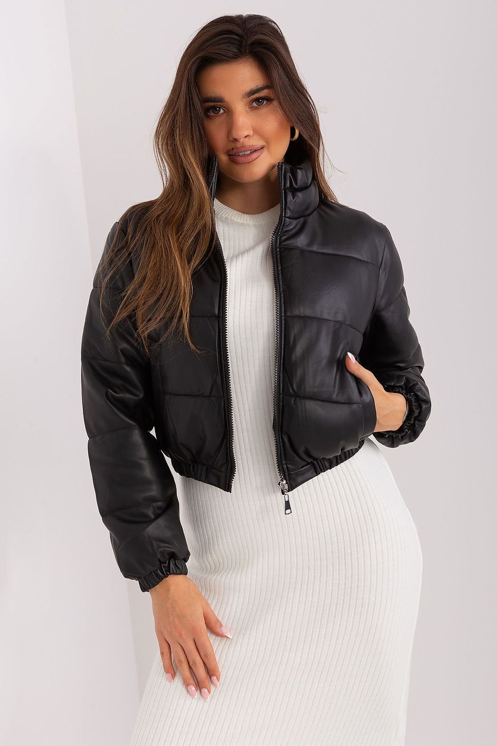 Short eco-leather black quilted jacket