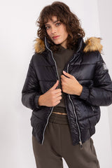 Black quilted jacket with hood with fur