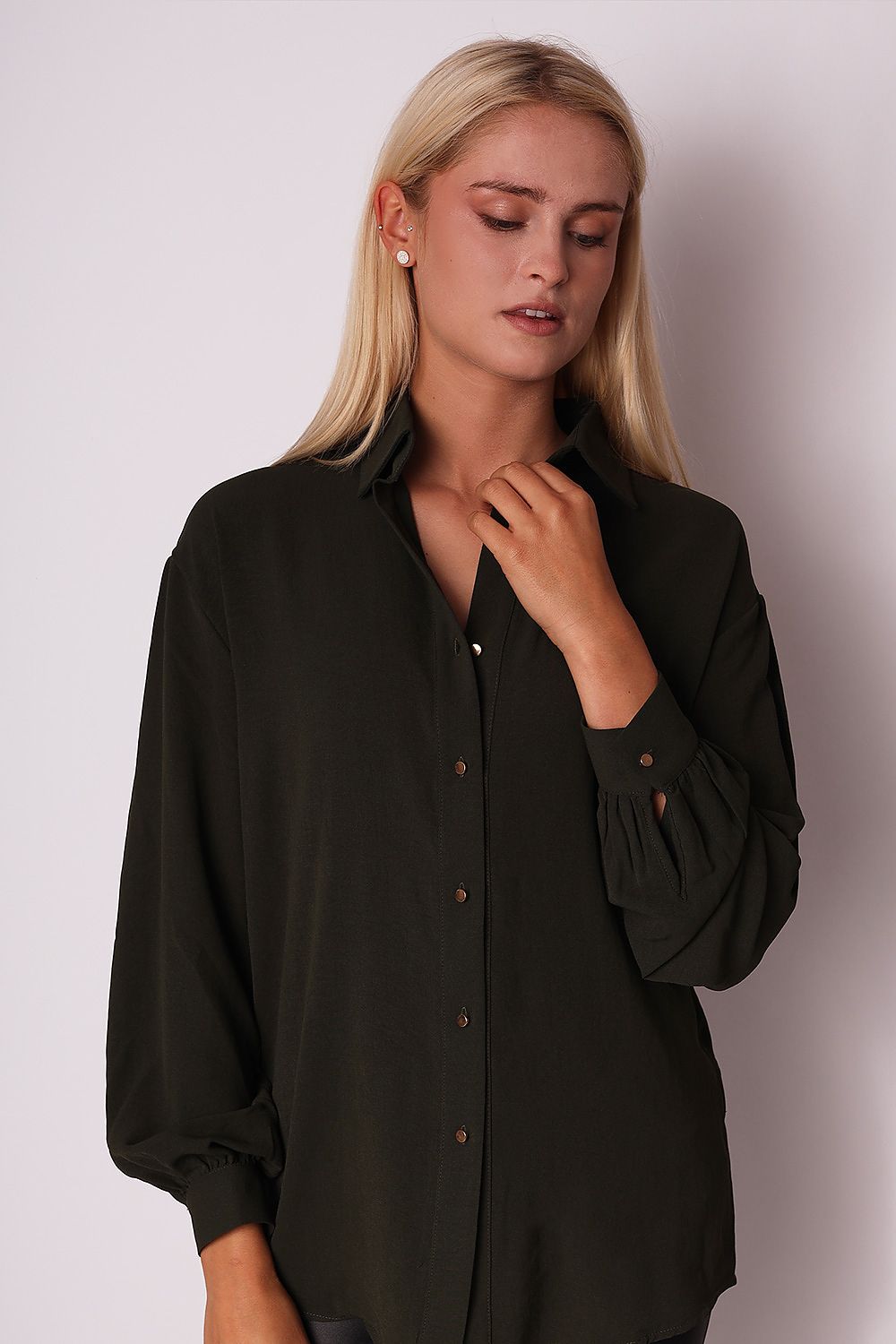 Long sleeve olive gold button down shirt
