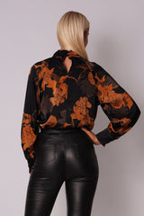 Black floral pleated blouse