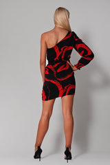 Black and red mini evening dress with one sleeve