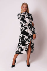 Black and white printed ruffled midi dress