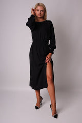 Black midi dress with crinkle detailing