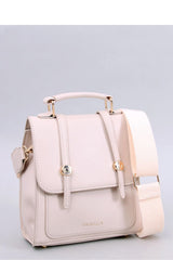 Stylish beige messenger bag closes with a flap