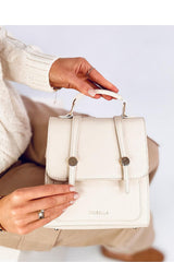 Stylish beige messenger bag closes with a flap