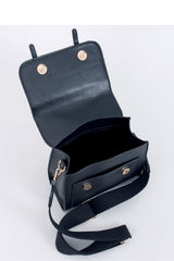 Stylish black messenger bag closes with a flap