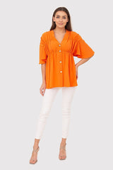 Orange button-down blouse with a v-neck