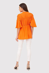 Orange button-down blouse with a v-neck