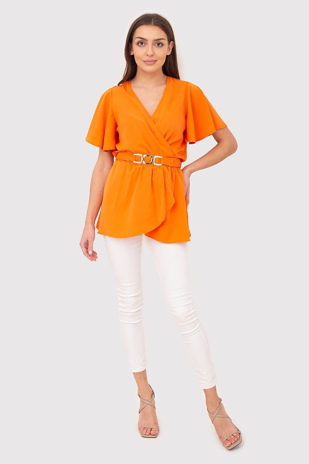 V-neck orange striped blouse