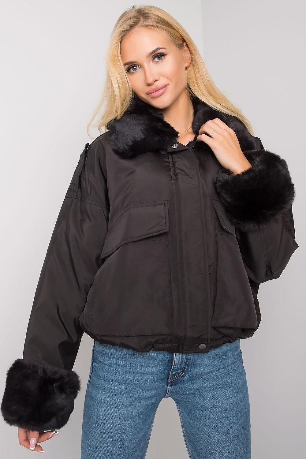Black jacket with a fur trim