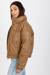 Down short brown jacket in ecological leather
