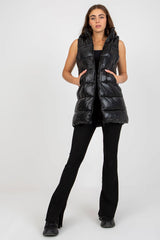 Down quilted black vest with detachable hood