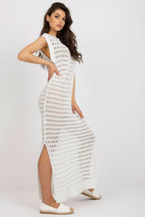 Openwork long knit sleeveless beach dress with decorative slits