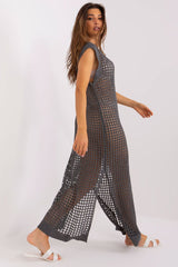 Openwork long knit sleeveless beach dress with decorative slits
