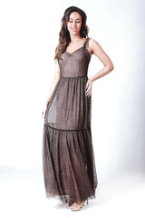 Double-layered beige maxi dress with original straps