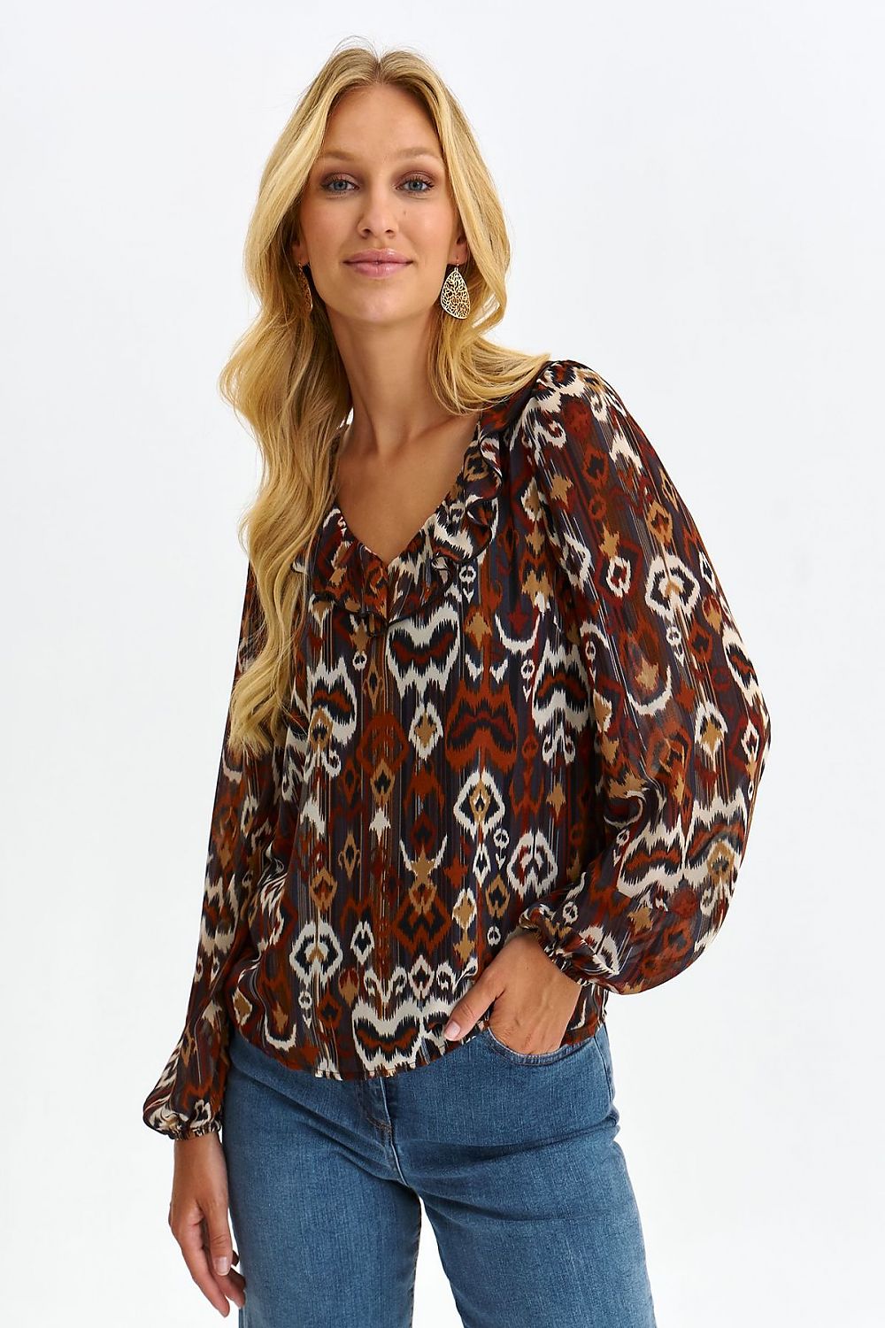 Long buffeted sleeves brown blouse